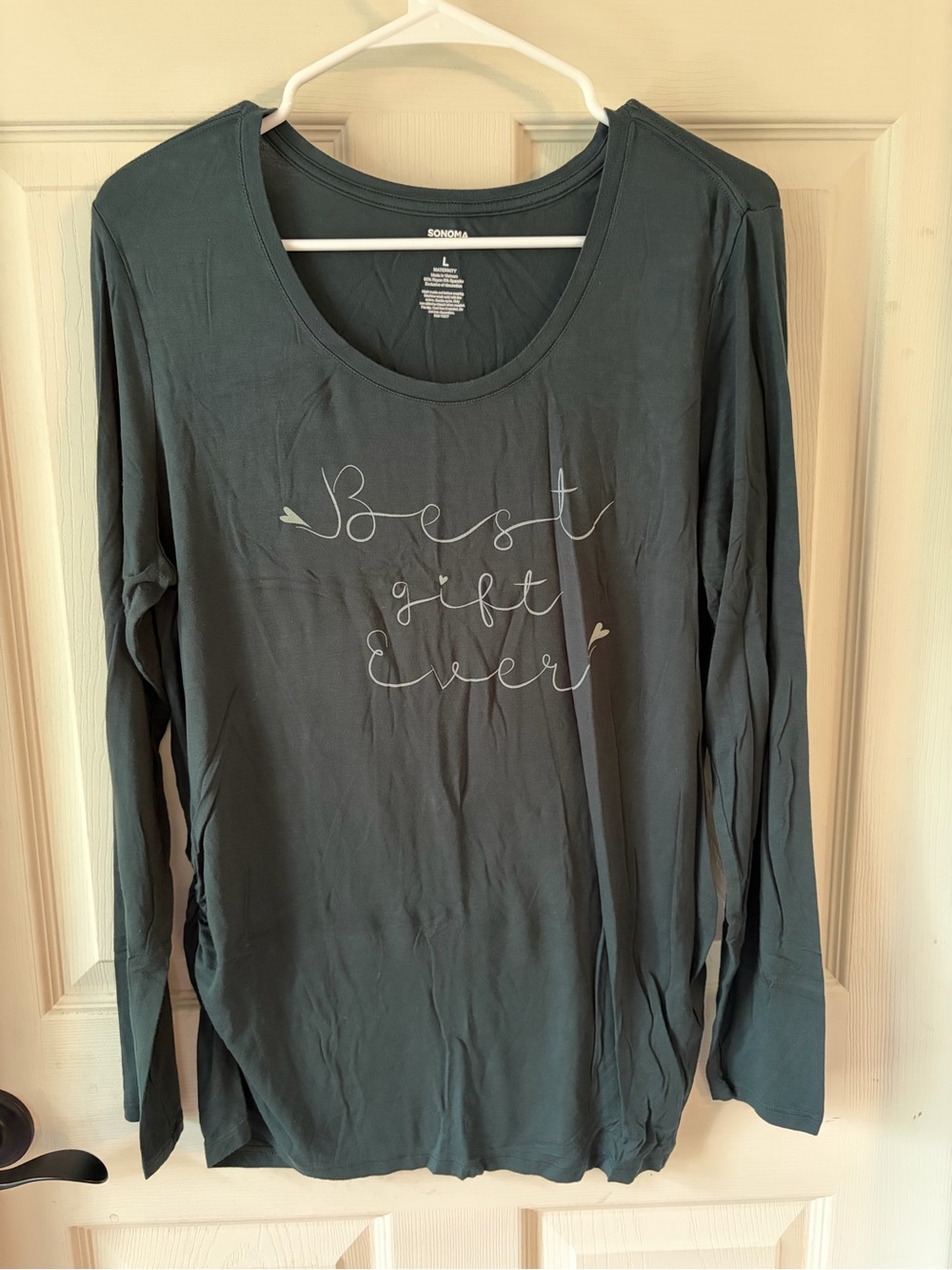 Sonoma Women's Long Sleeve 'Best Gift Ever' Tee - Slate Green - size L maternity